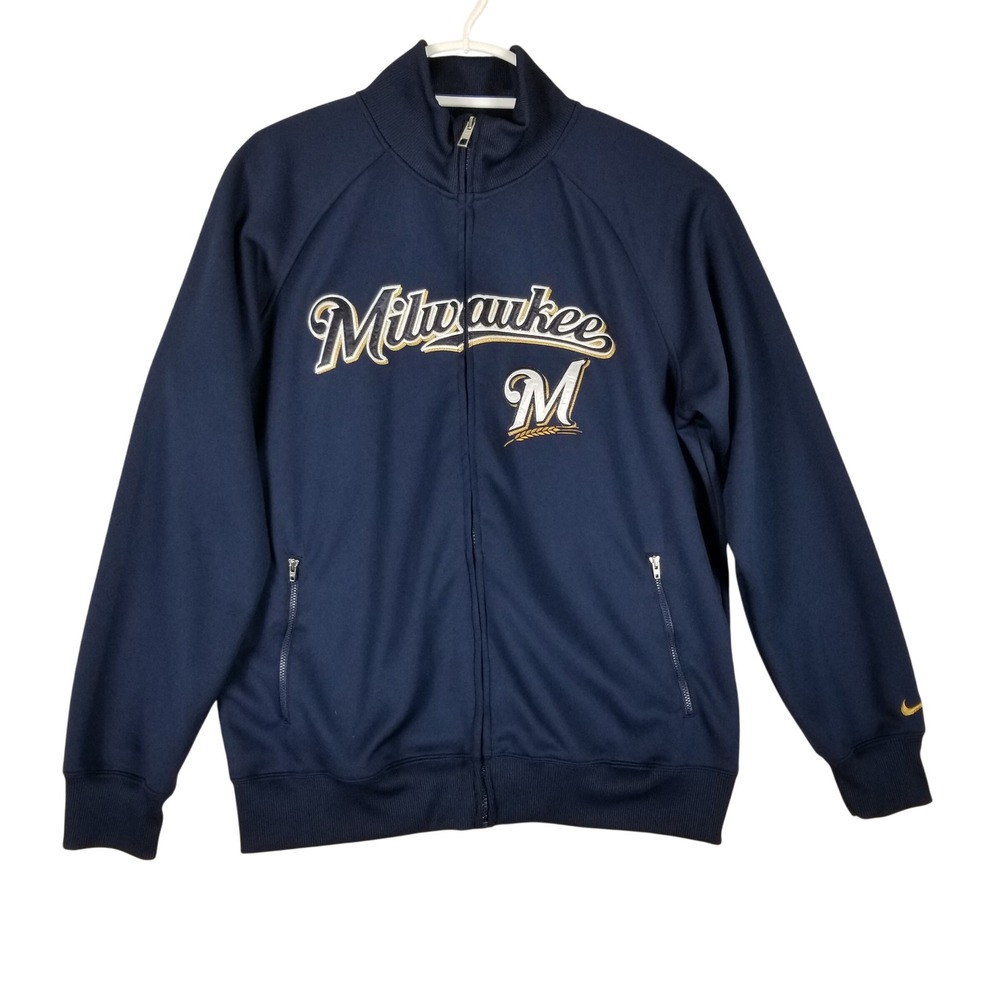 Nike Milwaukee Brewers Track Jacket Mens Large Navy Blue Full Zip MLB Sportswear